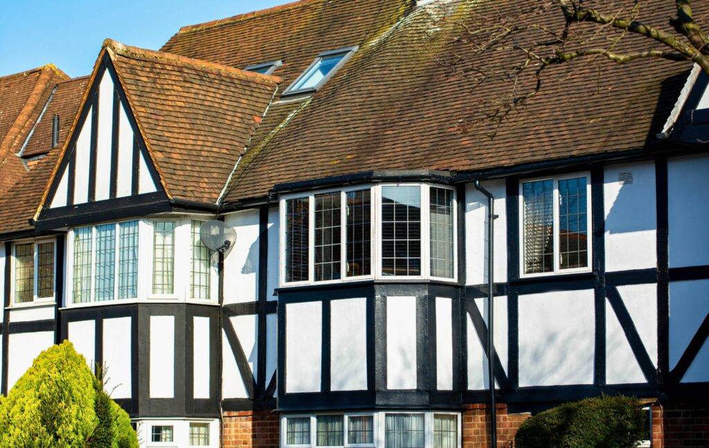 Traditional English houses facades in mock Tudor style in Finchley