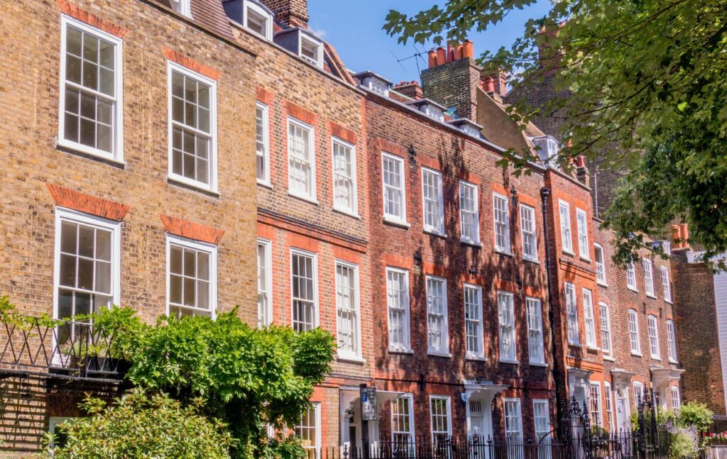 Row of typical red brick townhouses in Hampstead