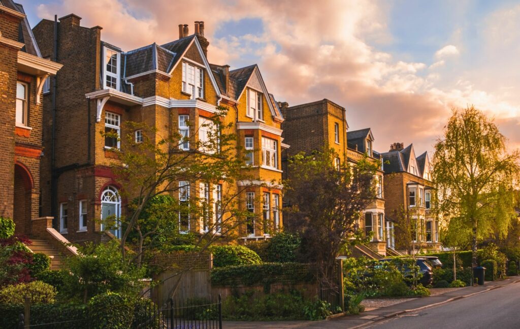 Traditional residential street in Wimbledon at sunset