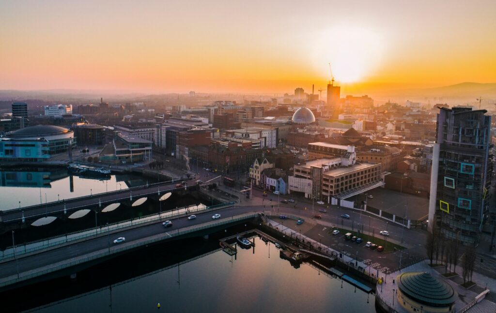 Belfast sunset aerial view