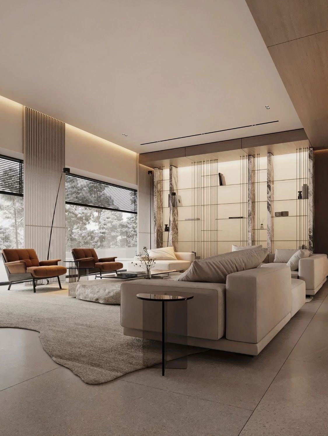 Interior of Modern Kitchen and Living Room with Large Windows