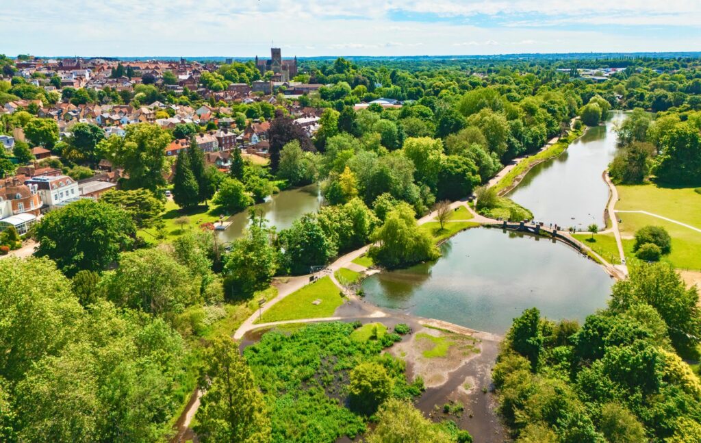 St Albans drone view of Verulamium Lake, Hertfordshire